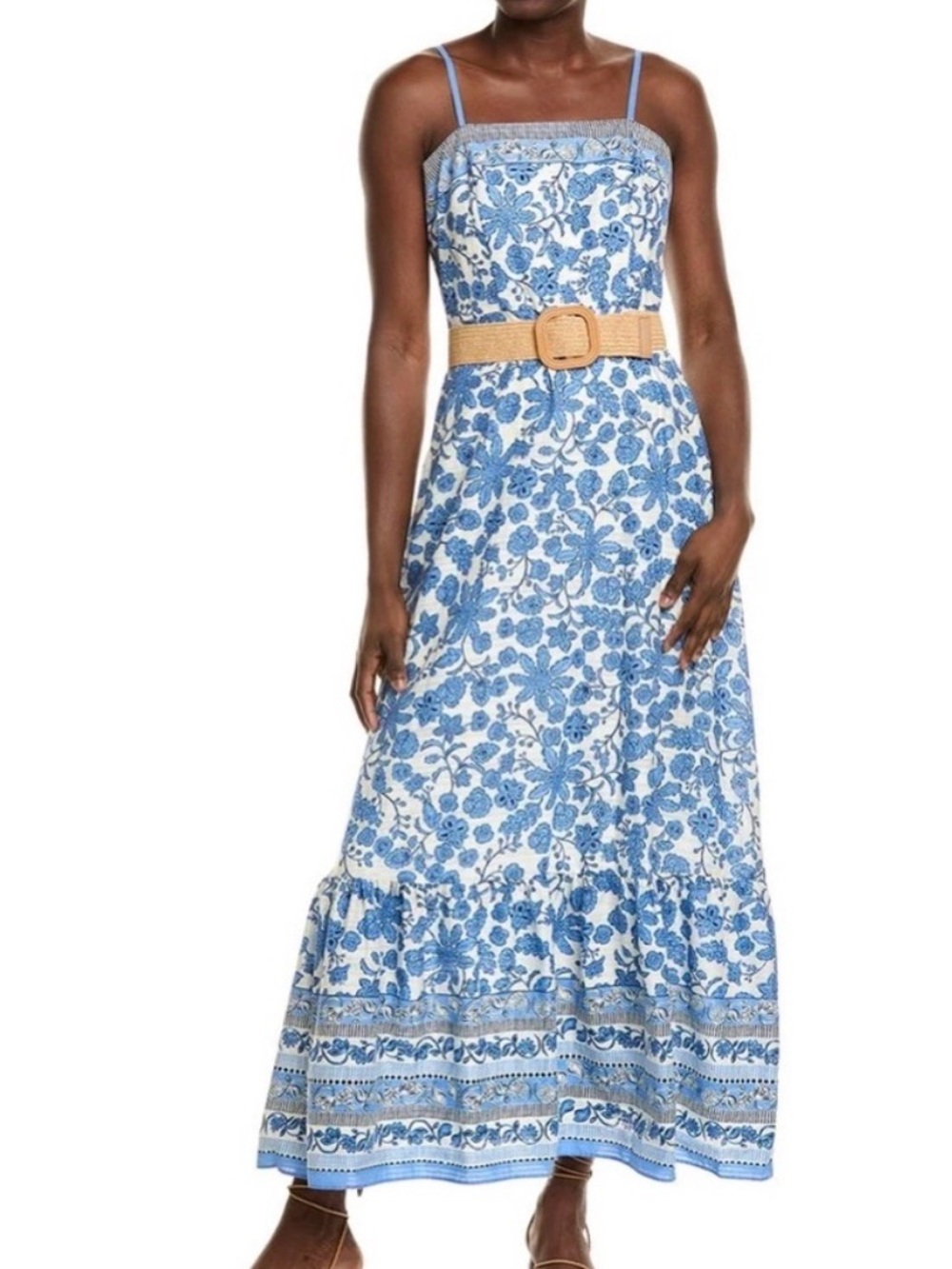 Taylor Blue and White Floral Maxi Dress with Spaghetti Straps